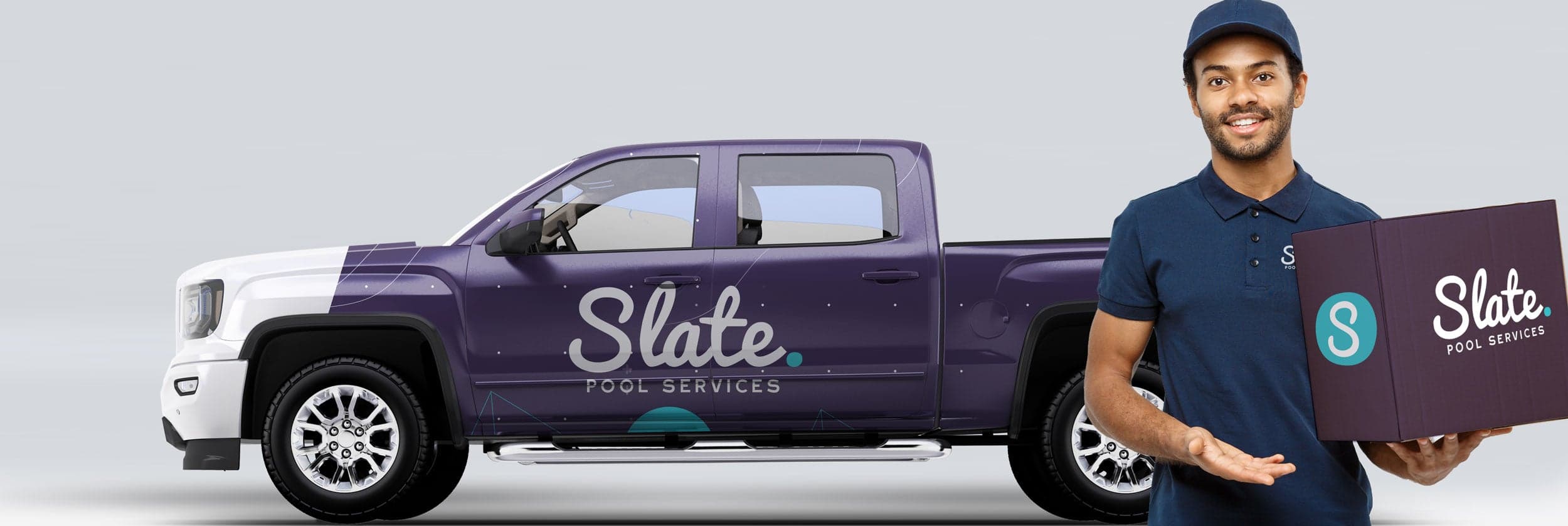 Slate Pool Services truck and technician with the Slate Water Quality Monitoring Package
