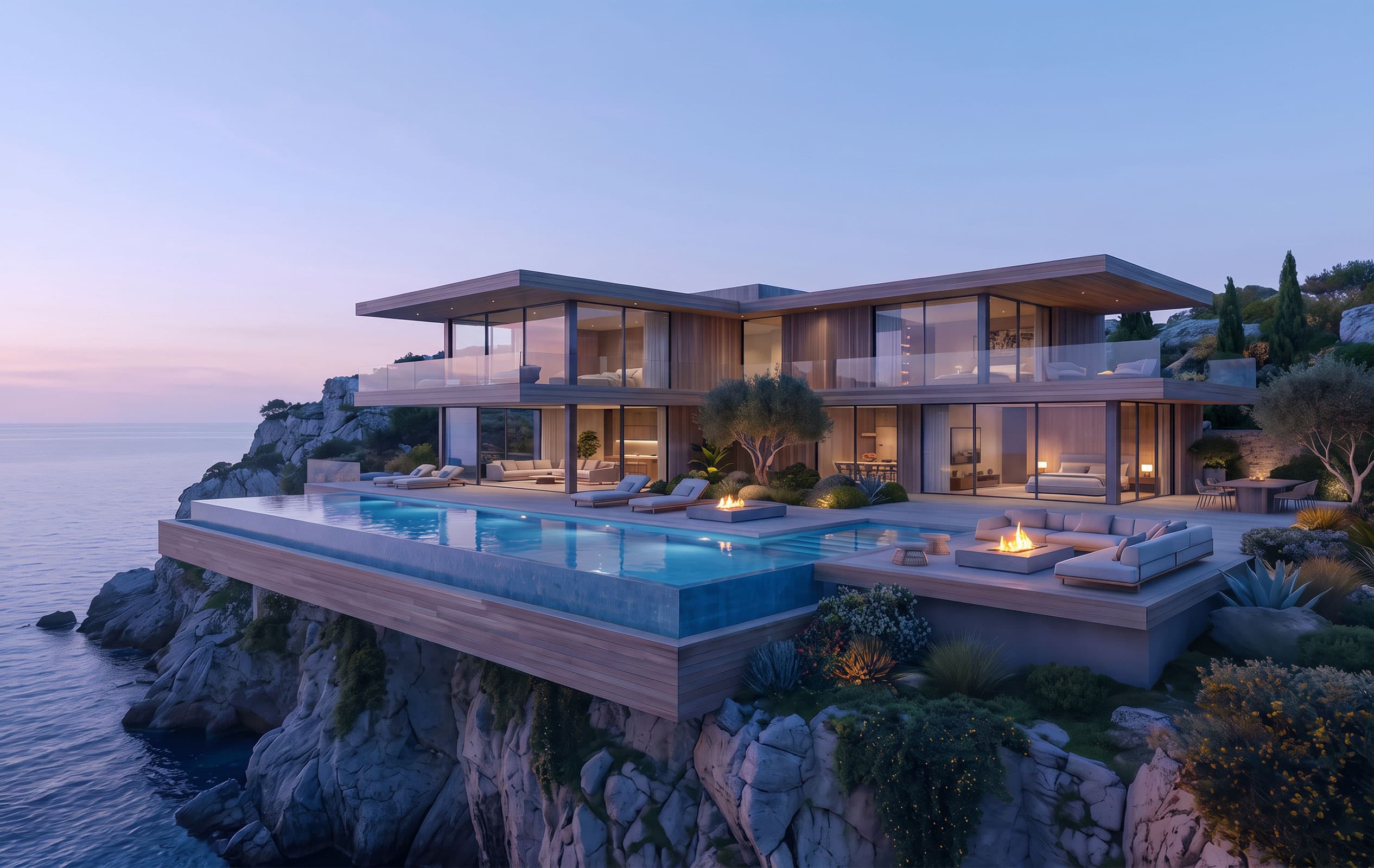 Luxury pool at twilight — the standard Slate keeps pools to